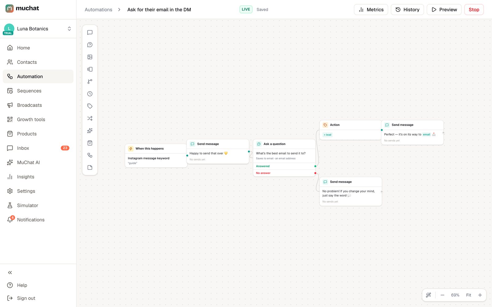 MuChat Flow Builder: a DM automation that asks for an email and branches on the answer