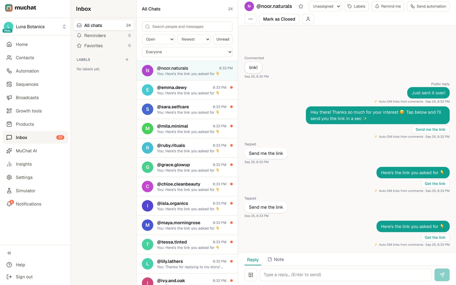 MuChat inbox: every Instagram comment and DM in one place, with automated replies