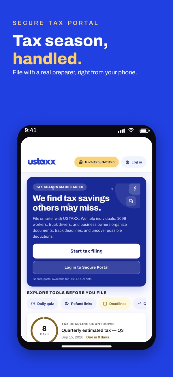 USTAXX app home screen: secure tax portal, deadlines and daily quiz