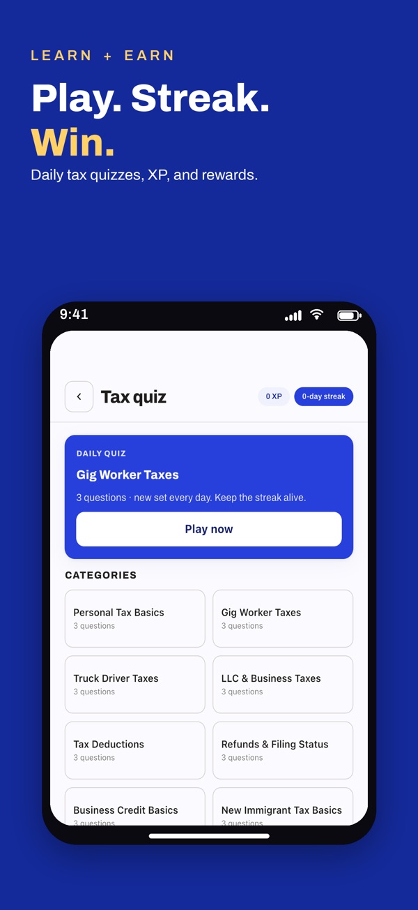 USTAXX app: daily tax quiz with streaks and XP